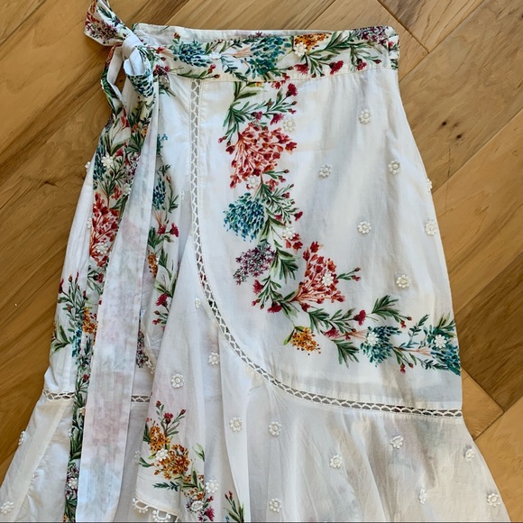 Farm Rio Sz S Louise Wrap Skirt White Floral Midi Ruffle Botanical Print Cotton - Picture 5 of 12